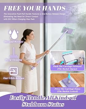 Snap Grip Mini Mop,Cloth Changing Mini Mop + Magic Cleaning Cloth*6,Automatic Gripping or Releasing,360° Rotating Head & Universal Compatibility,Wet/Dry Use for Multi Cleaning (Purple, 27in+Cloth*10)