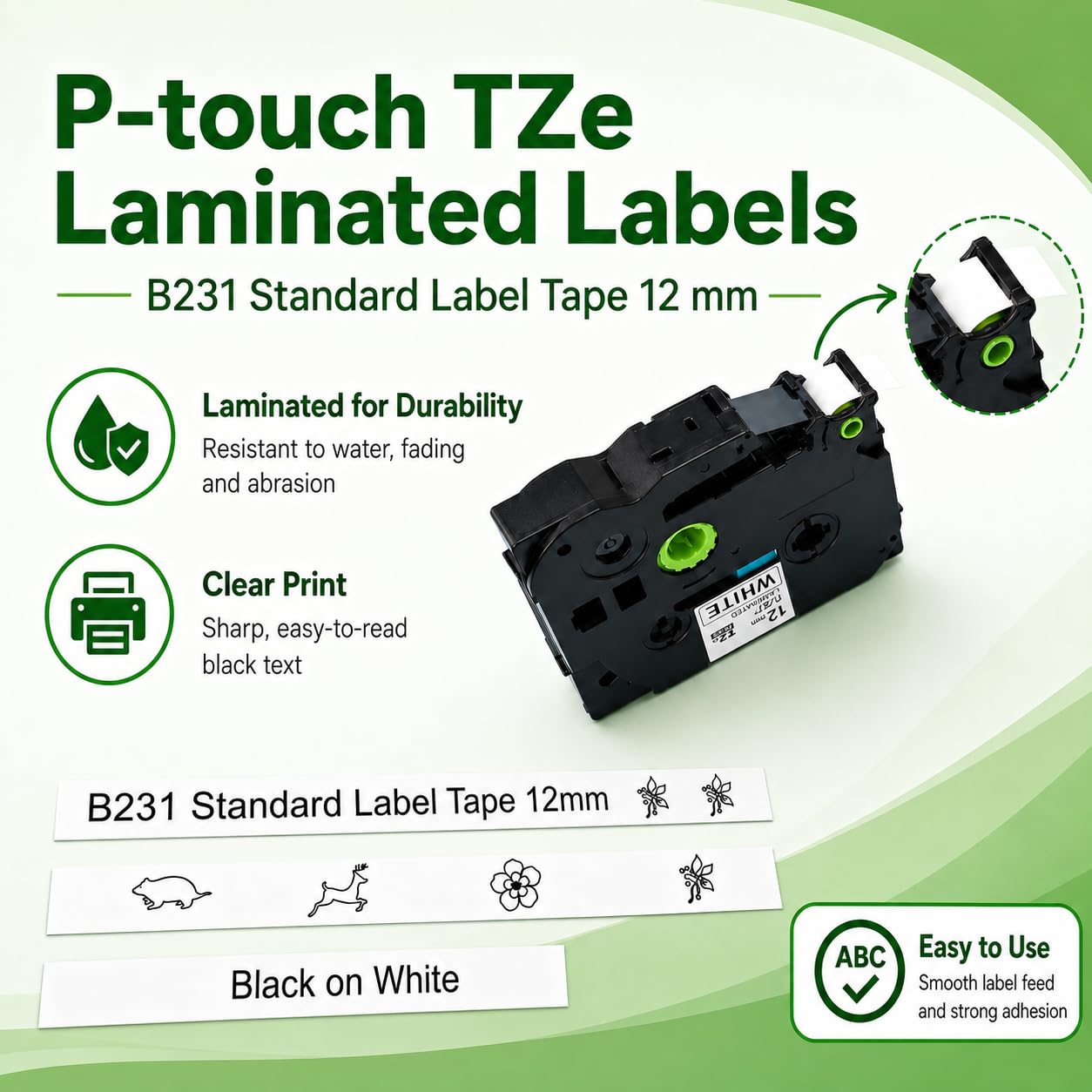 5er-Pack kompatible TZe-231 Schriftbänder für Brother TZe-231 / TZ-231, 12 mm (0,47 Zoll) laminiert, weißes Band mit schwarzer Schrift, kompatibel mit P-Touch PT-H100R, PT-H105, PT-H100LB.