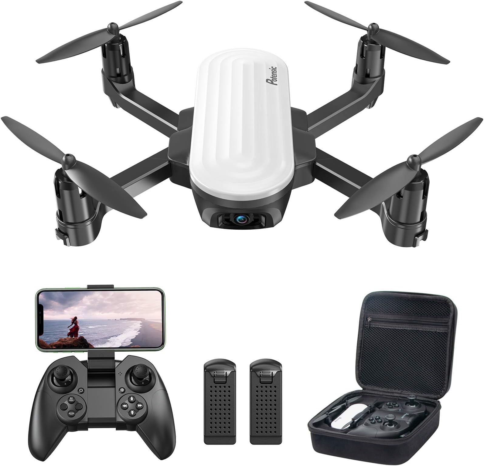 Potensic Elfin FPV Drone with 2K Camera for Kids, Optical Flow Positioning, Live Video RC Quadcopter with Gesture Control, Gravity Sensor, Trajectory Flight, 2 Batteries and a Carrying Case