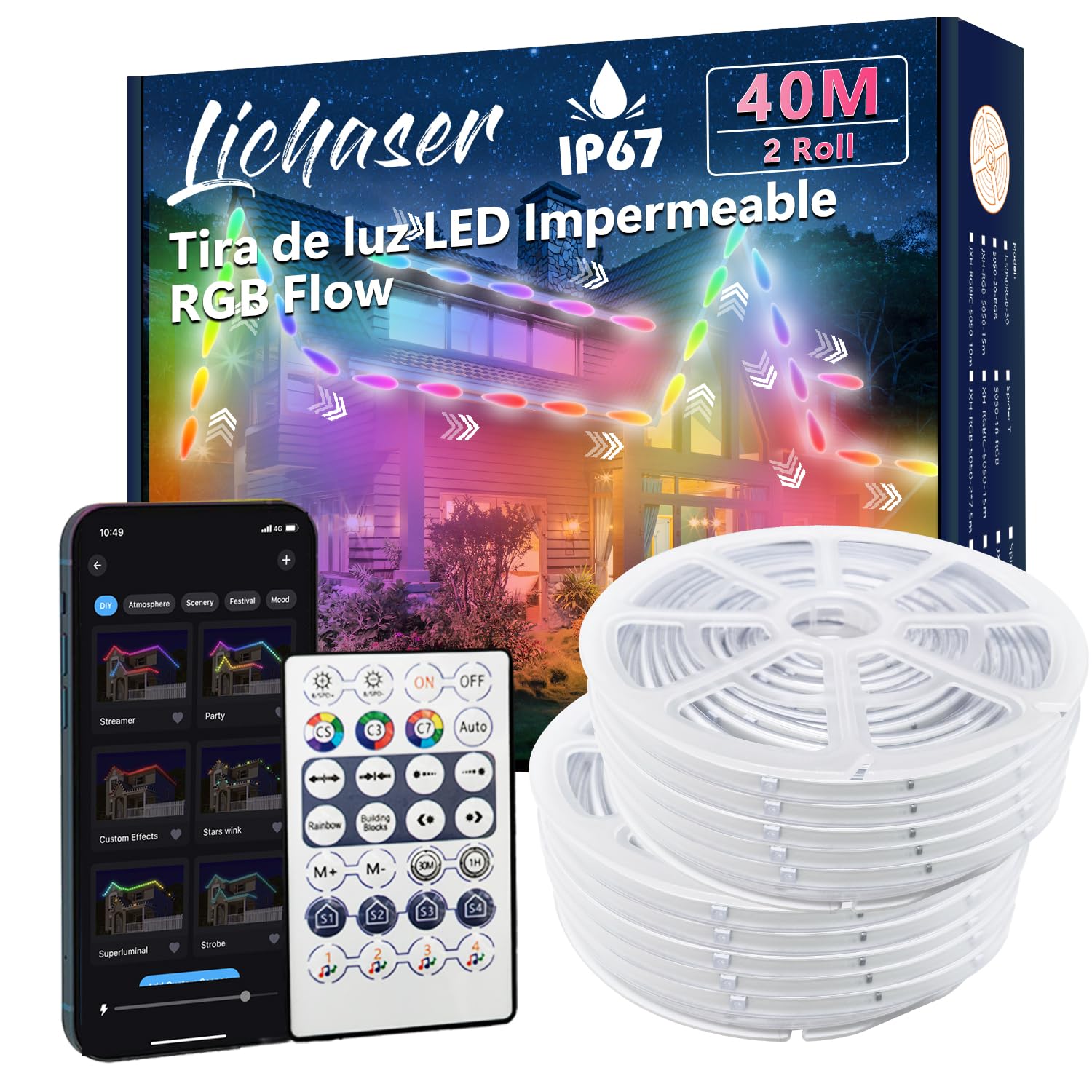 Lichaser Tira LED Exterior Impermeable DIY IP67 RGB+IC, Seguimiento, Segmentación de Tiras LED con Aplicación BT y Control Remoto RF Para uso en Exteriores (40m)