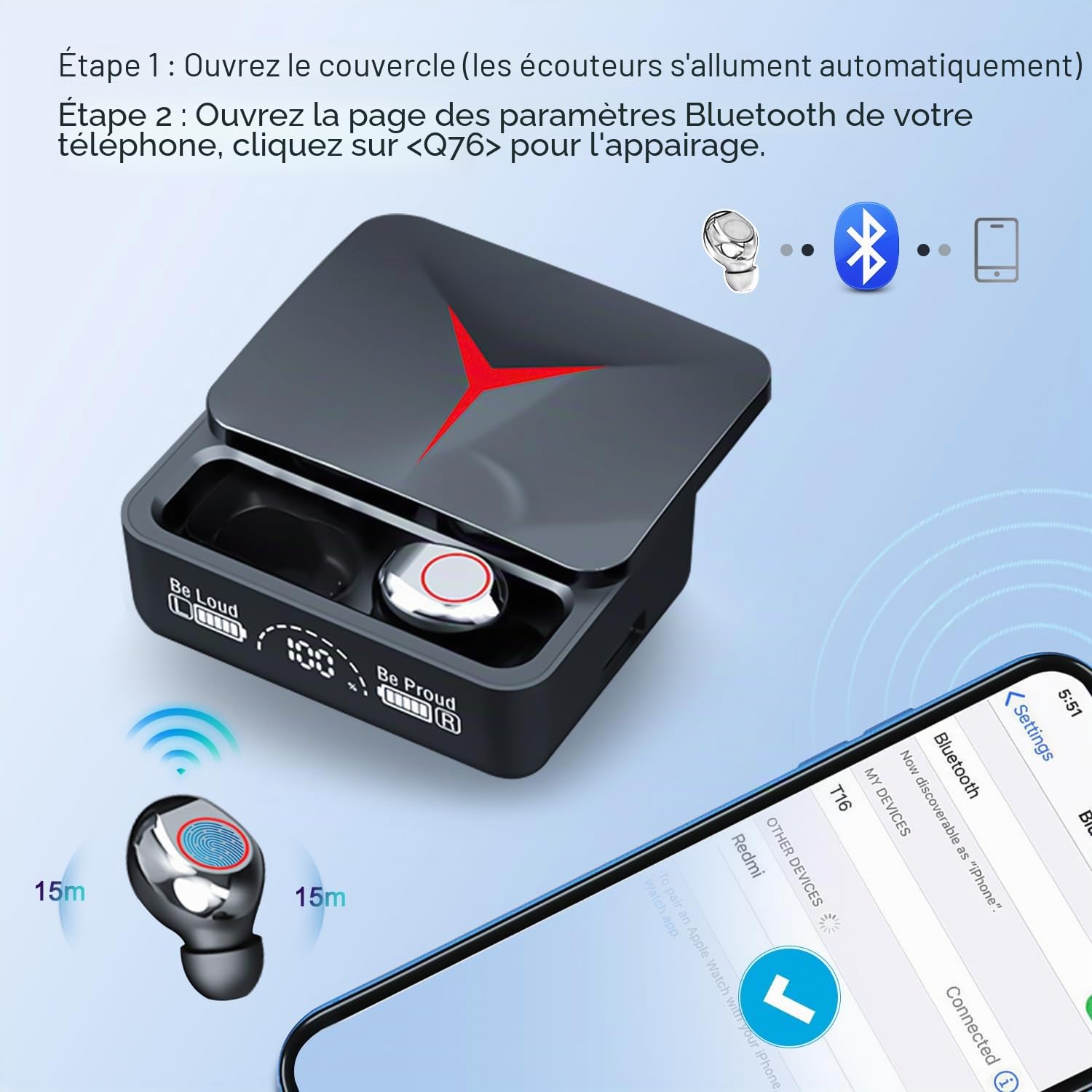 Écouteurs Bluetooth 5.3 In Ear sans fil avec étui de charge et contrôle tactile, design compact IPX7, étanche, écouteurs sans fil, écran LED pour la course et le sport