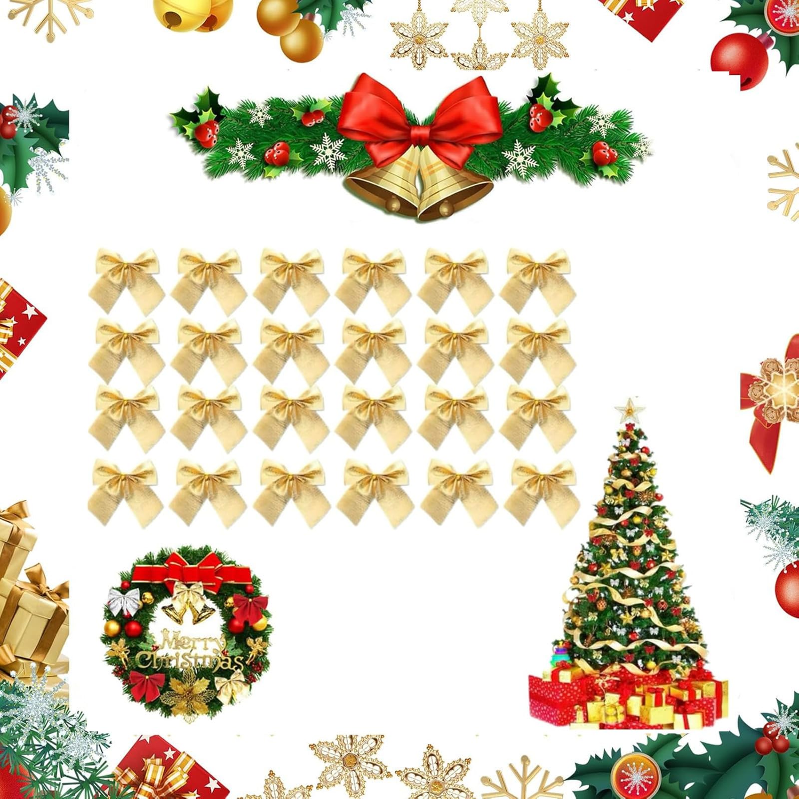 Lazos Navidad,Moños Navideños,Lazos Navideños,24 Piezas Lazos Arbol Navidad,Lazos para Arbol de Navidad,Arcos Navideños,Lazos de Navidad Rojo,Navidad de Lazo,Arcos de Cinta de Navidad (Dorado)