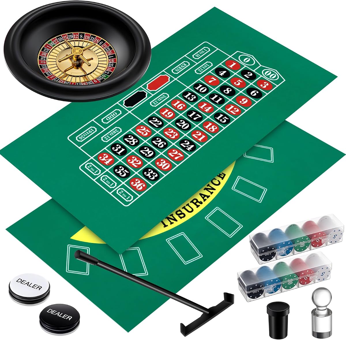 Juego de ruedas de ruleta Lunmon de 10 pulgadas, verde | Fieltro de doble cara, 200 fichas, rastrillo de fichas, marcador acrílico, botón de póquer de distribuidor, para juegos de casino, Blackjack, fiestas nocturnas y vacaciones