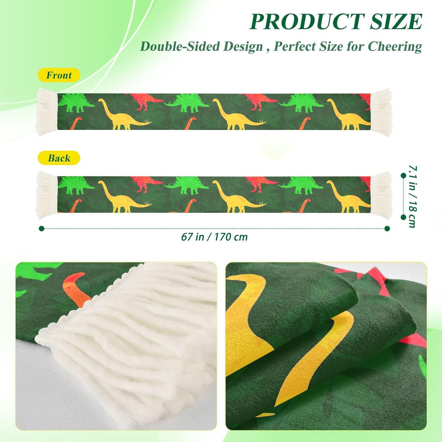 CHIFIGNO Colorful Dinosaur Green Sports Fan Scarf, Soft Polyester Soccer Scarf, Quick Dry Supporter Towel, Match Day Accessories