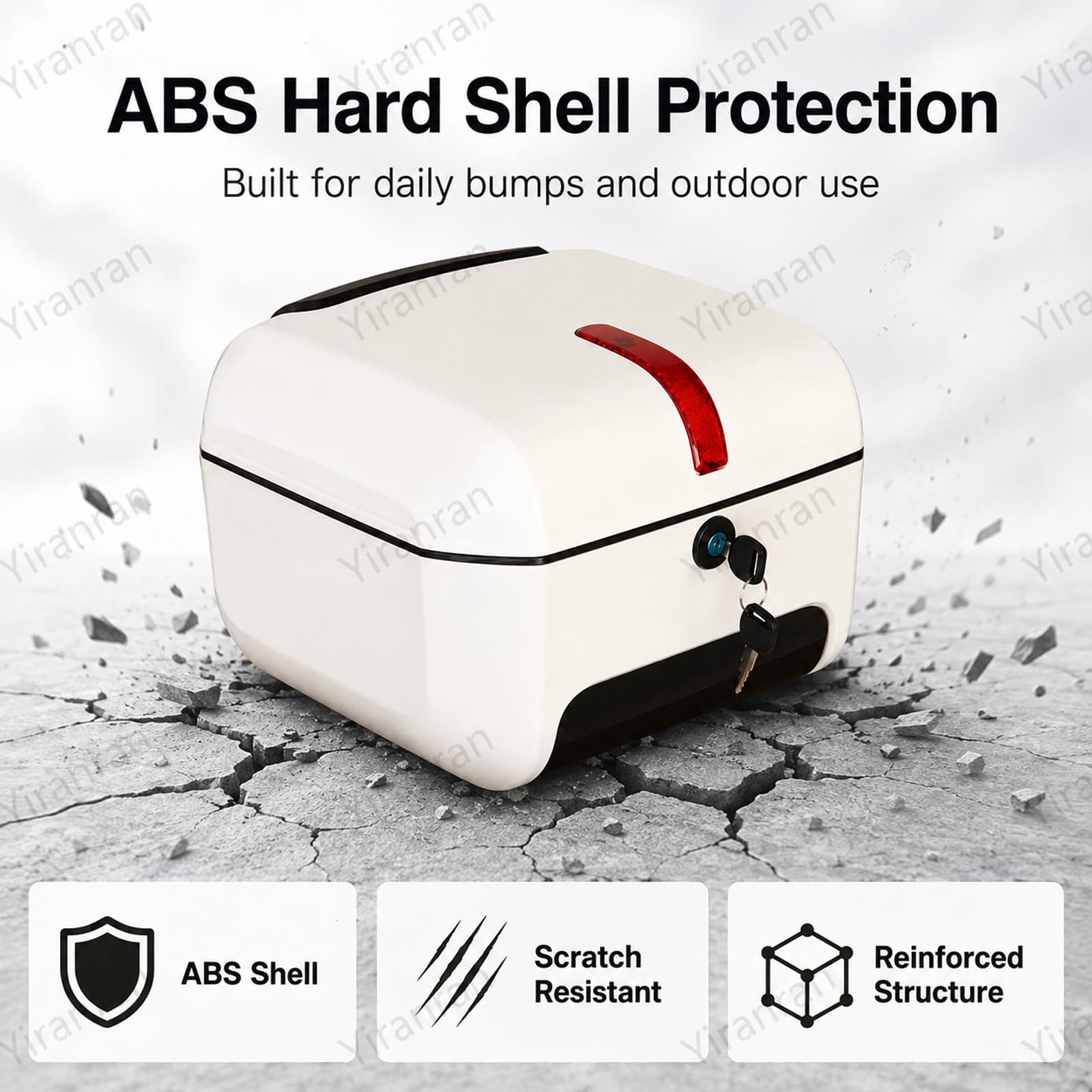 Top Case Universel pour Moto Et Scooter, Coffre Arrière Verrouillable en Abs Rigide, Résistant À Leau Et Doté Dune Bande Réfléchissante, Compatible avec Vélos Électriques White