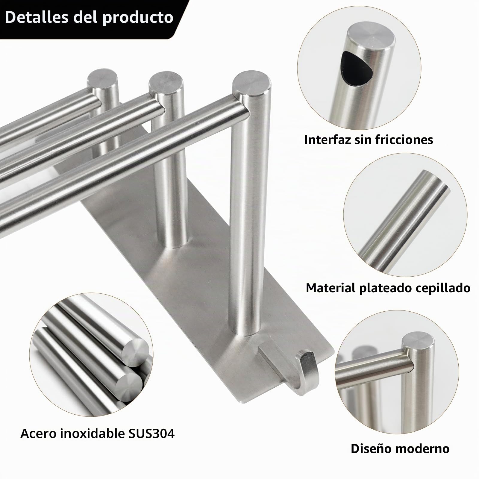 Vista Toallero SUS304 3 cierres 75 cm acero inoxidable autoadhesivo plateado soporte de baño con dos ganchos