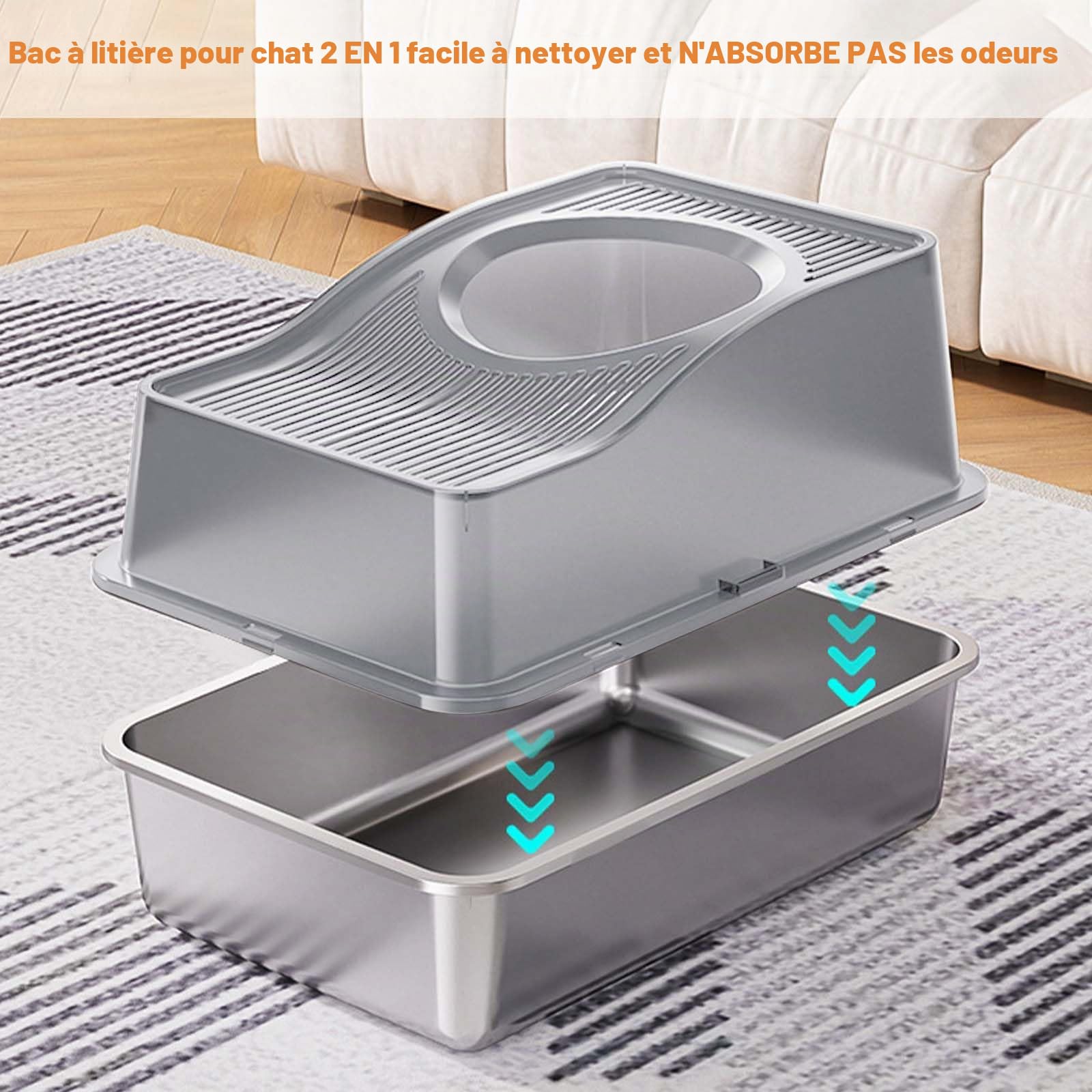 Bac à litière pour chat en acier inoxydable, bacs à litière entièrement fermés avec couvercle creux et couvercle surélevé anti-éclaboussures, entrée par le haut désodorisante, grande toilette