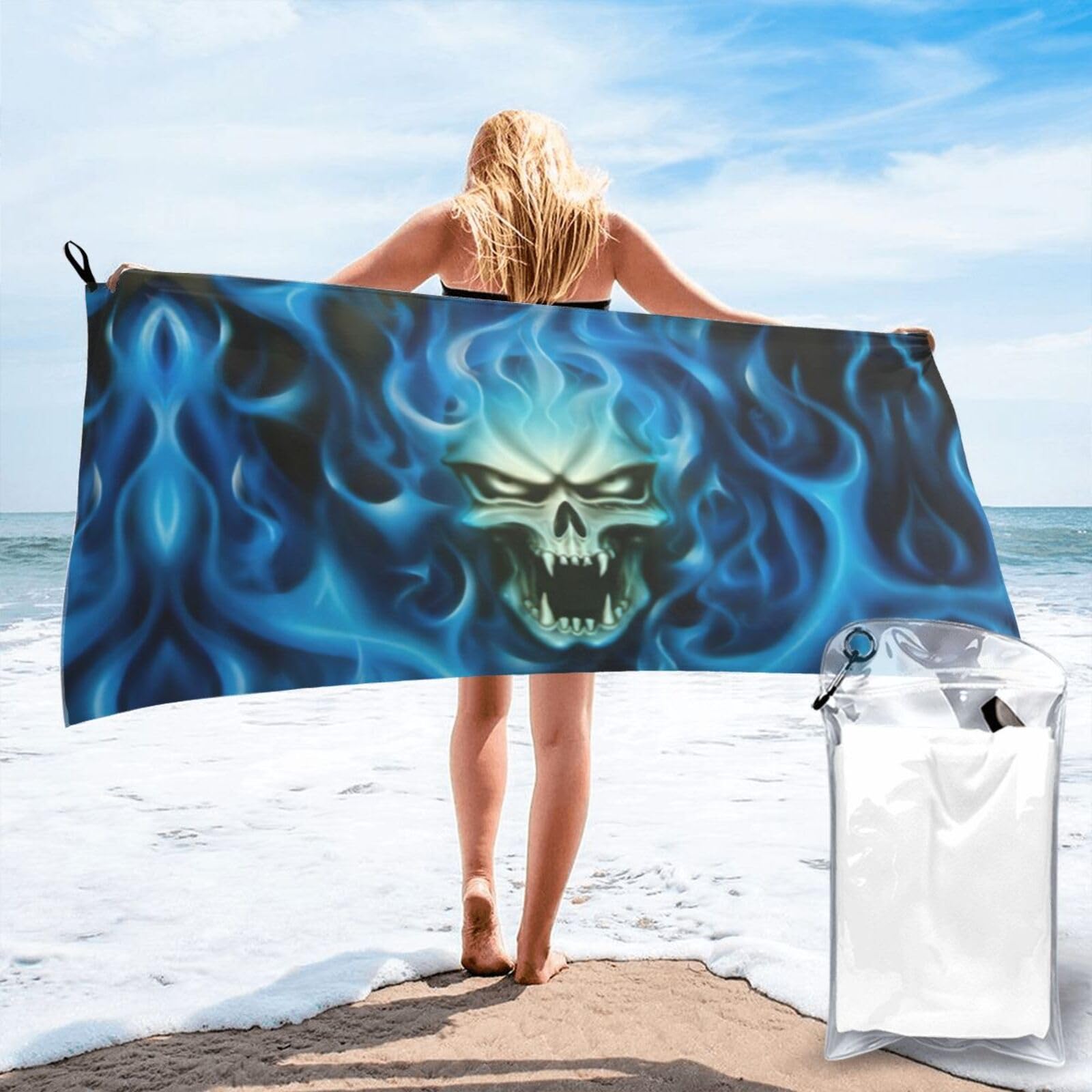 ENGhjes Horror Ghost Skull Print Camping Towel Fast Drying Bath Beach Shower Wrap For Gym Camping Vacation Adults Portable Gift