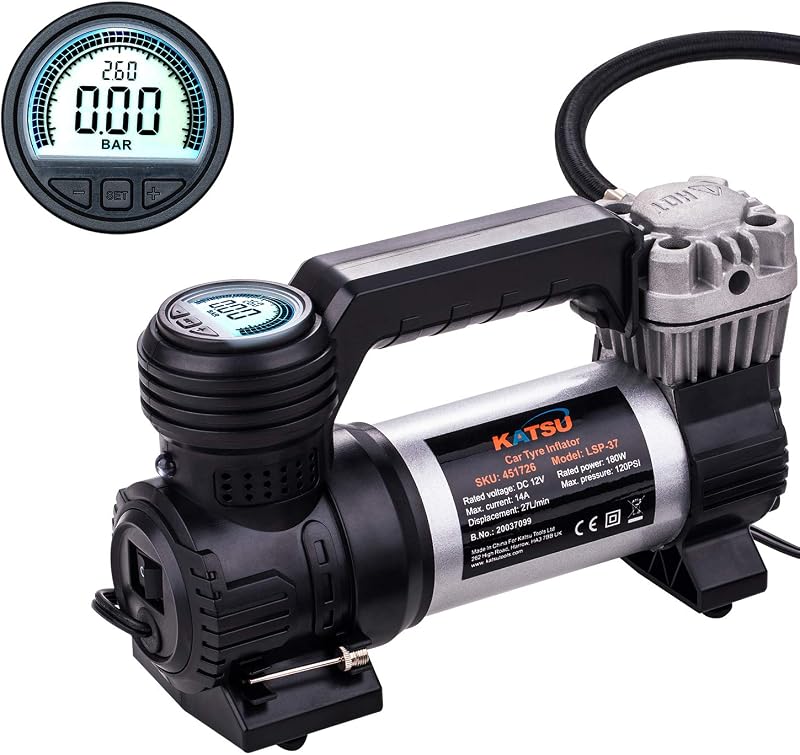 KATSU Tools Autós Légkompresszor 120 PSI 12V LED Világítással - Professzionális Hordozható Gumiabroncs Pumpa Autókhoz, Teherautókhoz, Felfúj