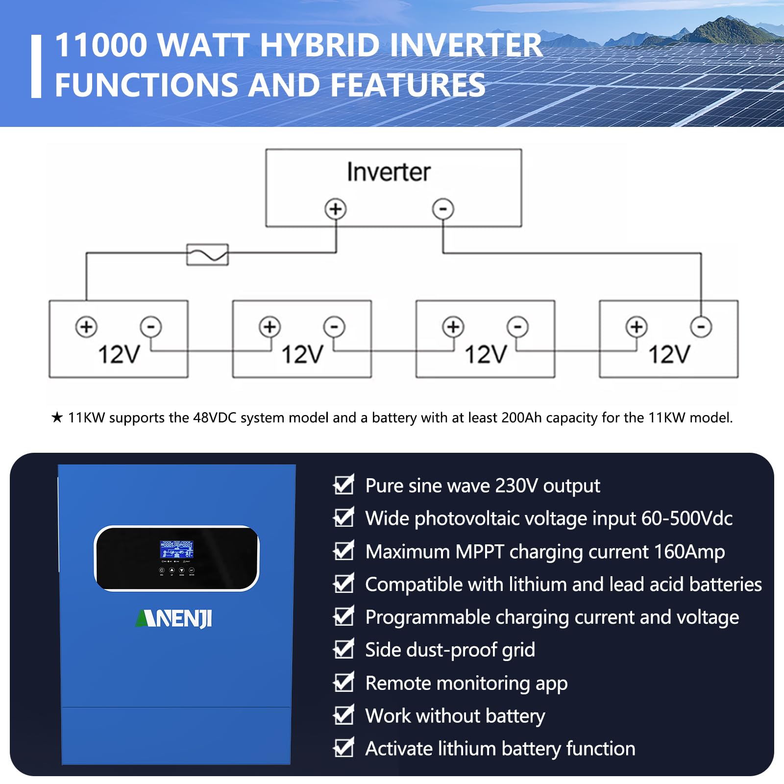 11KW Inverter ibrido 48V, 2 Ingressi FV, Funziona Senza Batteria, Inverter a Onda Sinusoidale Pura (WiFi/BMS), FV 60-500VDC, In Grado Di Immettere Energia In Rete, Con Modulo WiFi