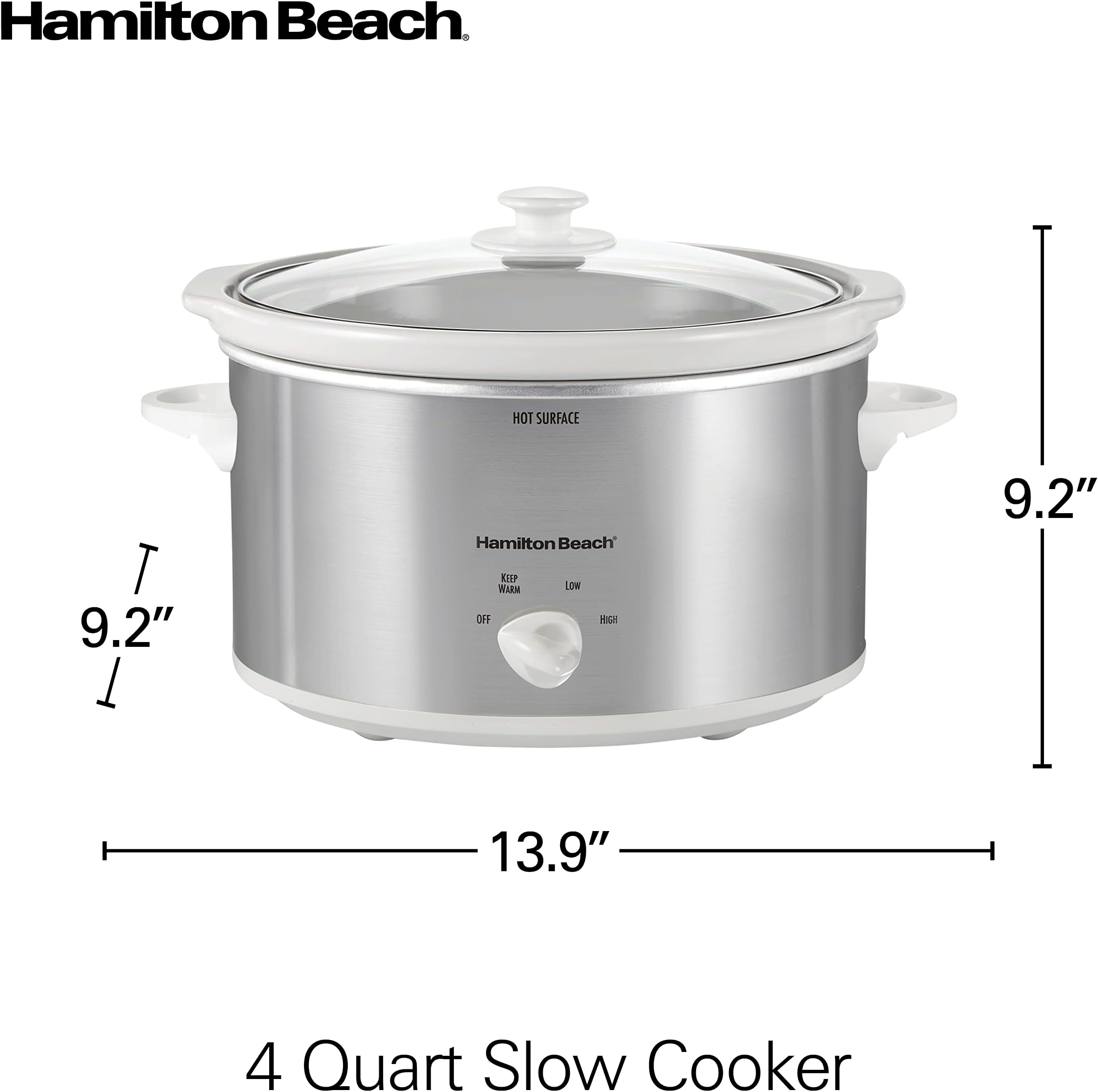 Hamilton Beach 4-Quart Slow Cooker with 3 Cooking Settings, Dishwasher-Safe Stoneware Crock & Glass Lid, Stainless Steel (33140V)
