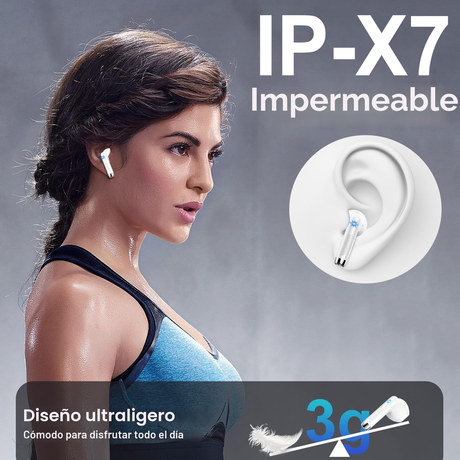 Drsaec Auriculares Inalámbricos, 2024 Auriculares Bluetooth 5.3 con Reducción de Ruido ENC Mic, Mini Cascos Inalambricos Bluetooth 42H Estéreo HiFi in Ear IP7 Impermeable, LED Pantalla, USB-C