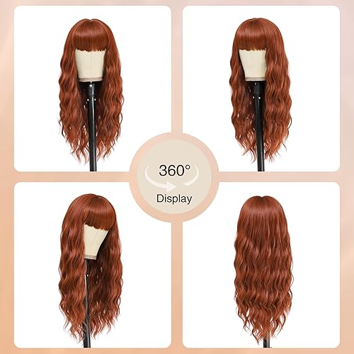 Miniatura 5 de VERNA Peluca castaño rojizo con fleco, pelucas de 26 pulgadas de largo castaño rojizo para mujer, peluca de cabello castaño castaño de aspecto
