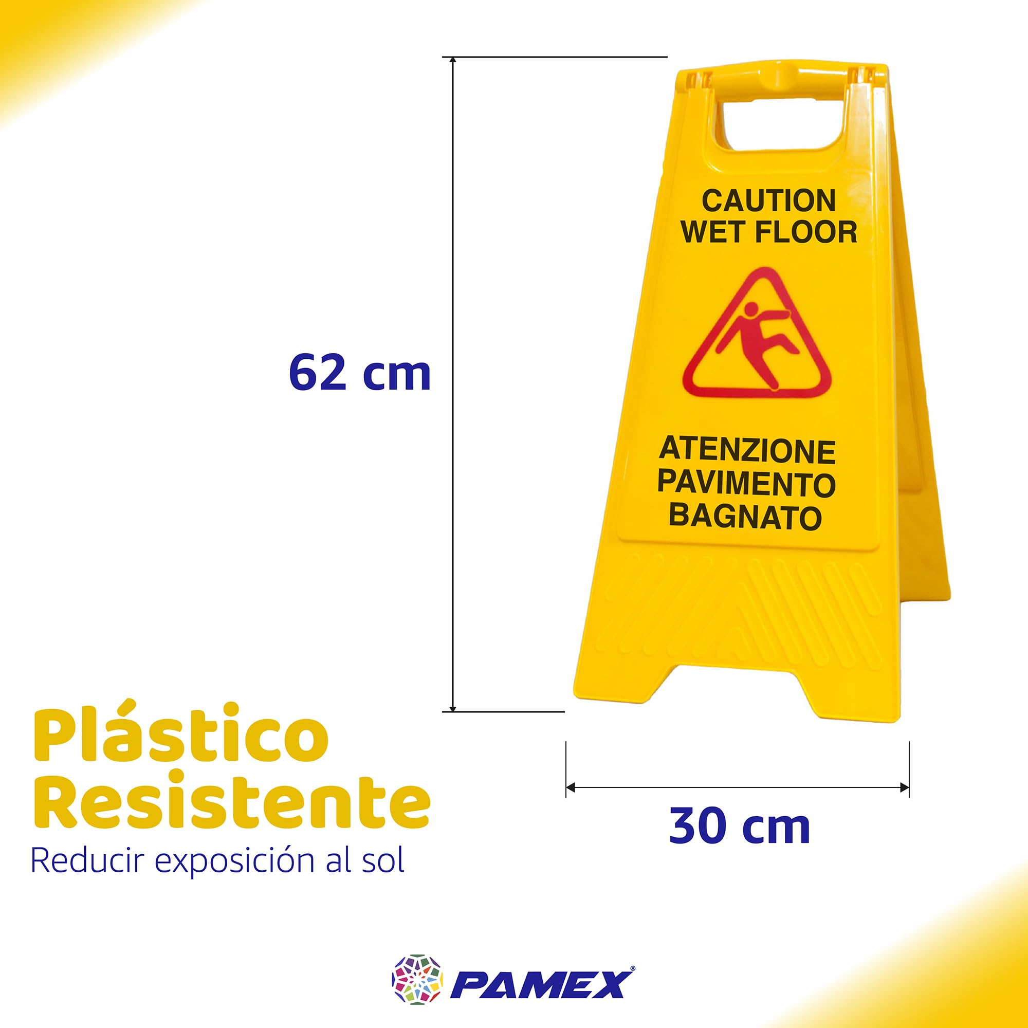 Señal Aviso profesional "Caution wet floor - Atenzione pavimento bagnato". En Inglés e Italiano. Alta visibilidad para evitar accidentes