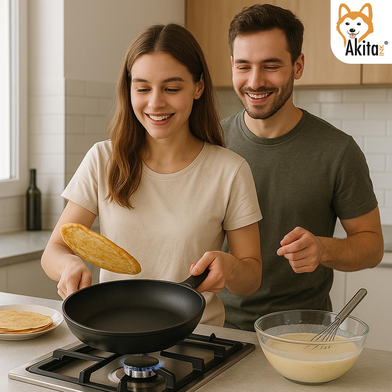 AKITAInk Set 4 Padelle Antiaderenti 16-20-24-28cm | Alluminio Leggero, Rivestimento PFOA Free, Fondo Antiaderente, Manici Soft Touch Made in Italy