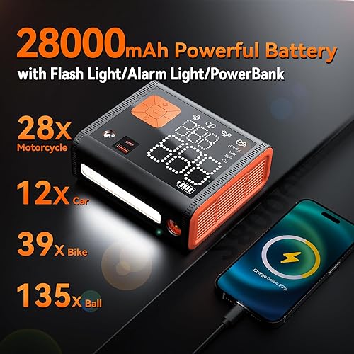 Miniatura 4 de Compresor de aire portátil para inflador de neumáticos, 150 PSI de doble cilindro 3 veces más rápido, inflador de neumáticos portátil de 28000 mAh