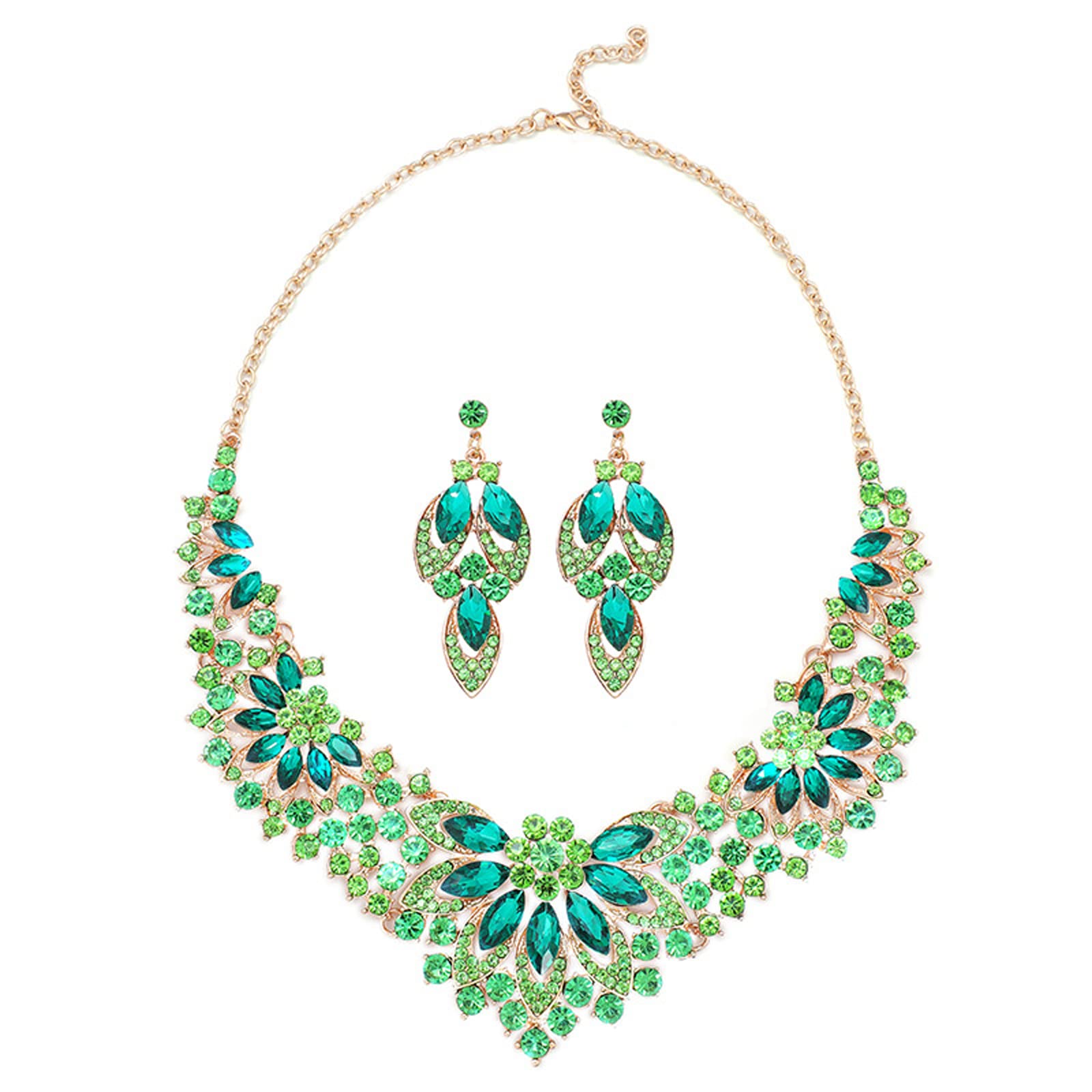 KONFEN Conjunto de Joyas de Boda, Juegos de Joyas Mujer, Cristal Conjunto Pendientes y Collar Mujer, Cristal Flor Hoja Novia Set para Boda Novia Mujeres y Niñas (Verde/Blanco/Morado/Rojo/Champán Oro)