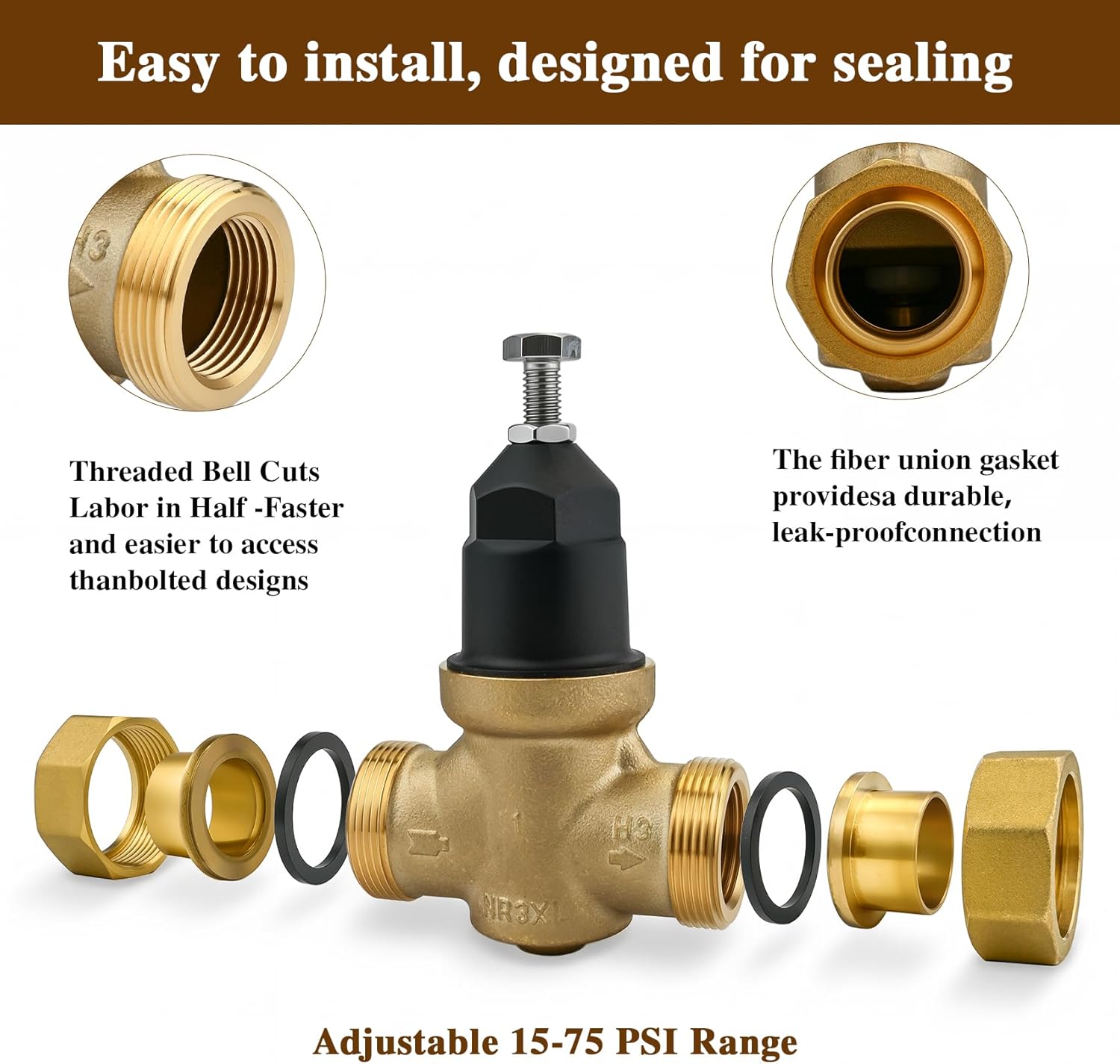 1" NR3XLDU Water Pressure Reducing Valve, 1" NR3XL with Double Union FNPT Connection, No Lead Water Pressure Regulator for Home & Commercial Use