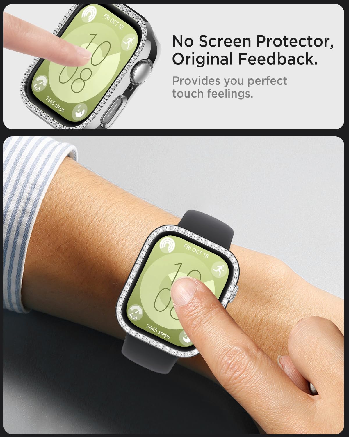 Miimall Błyszczące etui do Huawei Watch Fit 3, twarde etui z ramką PC, kryształowe diamenty, osłona dla kobiet i dziewcząt, smukłe etui ochronne do Huawei Watch Fit 3, srebrne