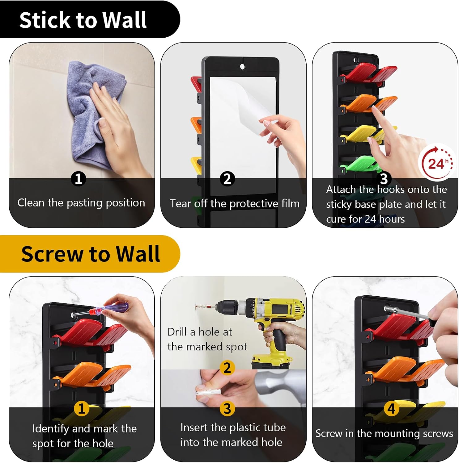 2-Pack Hat Rack for Wall, No-Drill Adhesive Baseball Cap Organizer with 20 Spring-Loaded Clips, Damage-Free Hat Holder for Closet Door Entryway, Screw Option Included, Space-Saving Hat Display Stand