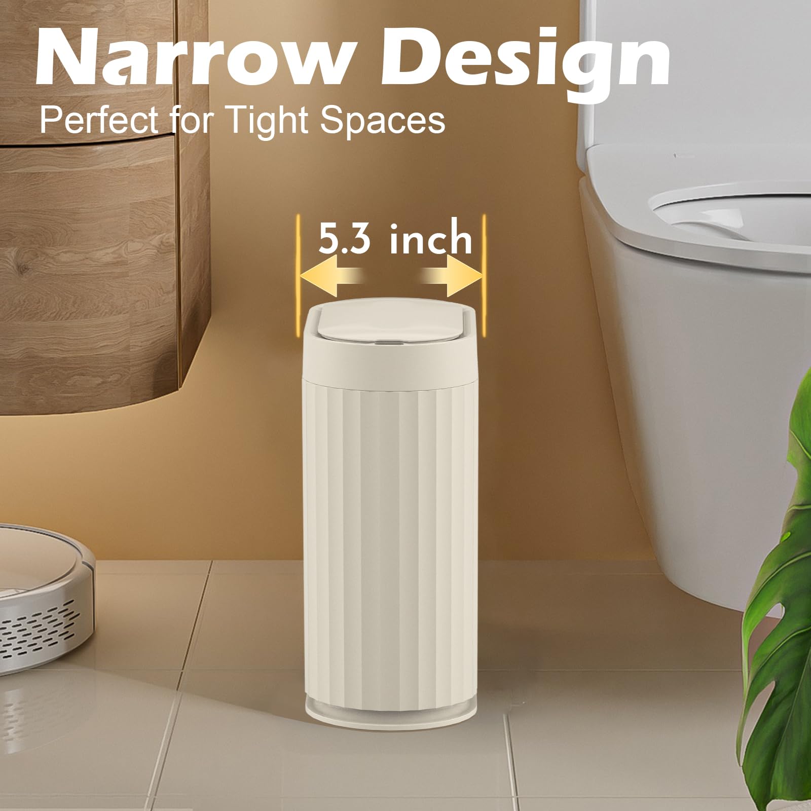ELPHECO Touchless Motion Sensor Dustbin with Slow Descent | 10 Litres | Odour Seal Waterproof Trash Can for Bathroom, Bedroom, Kitchen, Office (White Gold Rounded) 2