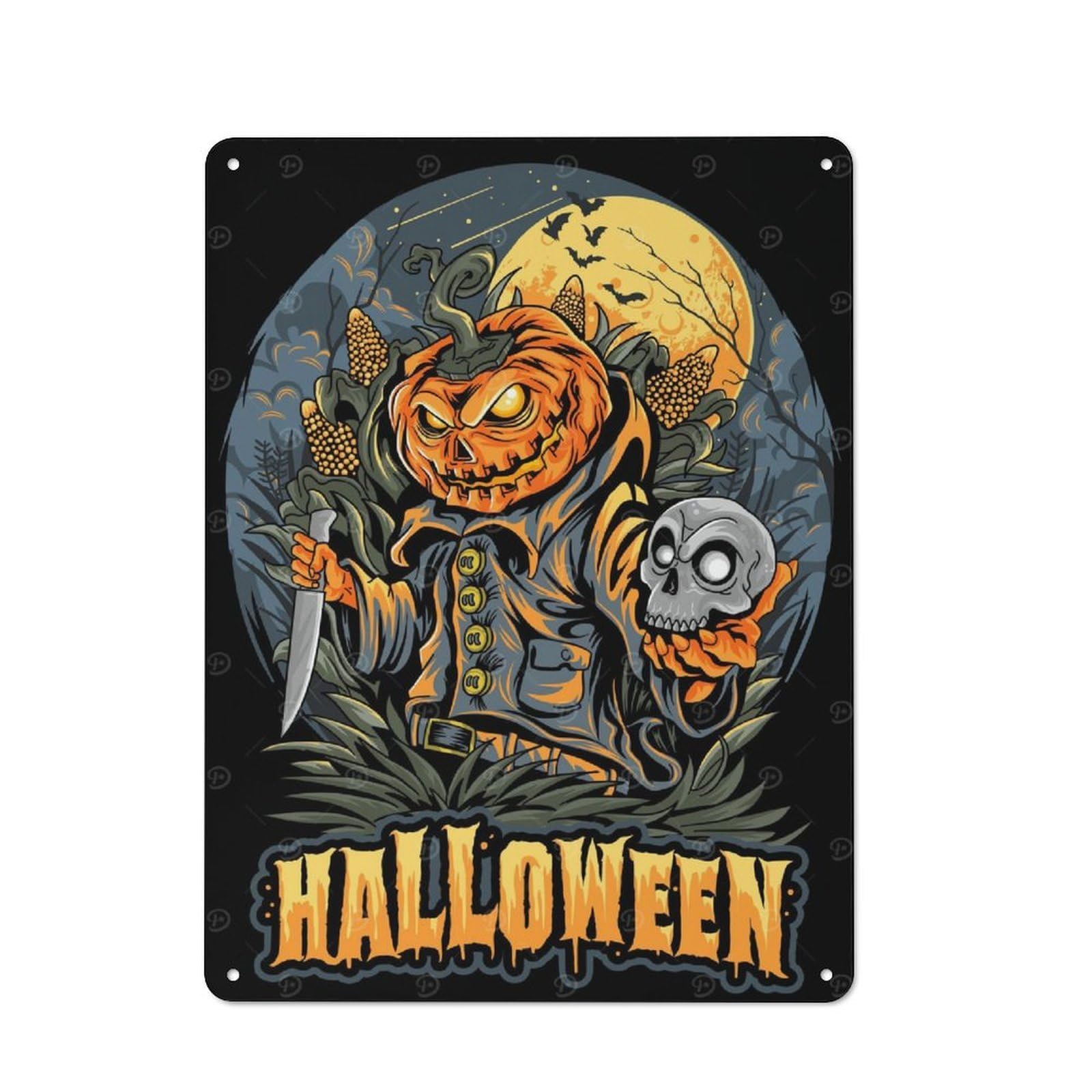 Junmoney Halloween Pumpkin Character With Skull And Kn Ife Metal Wall Art Sign 40X30cm, Old Fashioned Nostalgic Wall Art For Living Room, Hallway, Kitchen Or Cafe