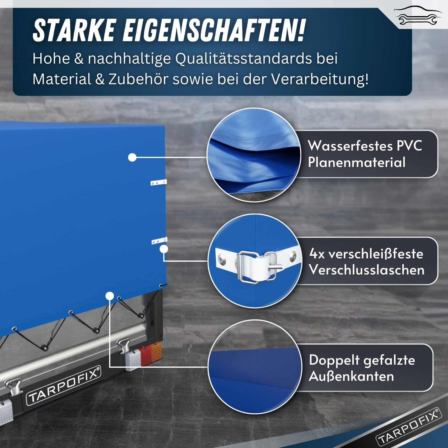 Tarpofix® Anhänger Plane 209x114x65 cm inkl. Planenseil | Anhängerplane Hochplane aus PVC PLANENMATERIAL | Verstärkte Stema Hänger Abdeckplane für 750kg PKW Autoanhänger | Abdeckung Blau