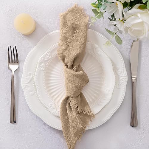 Miniatura 3 de Socomi Servilletas de tela hechas a mano con flecos, juego de 12 servilletas de lino de algodón caramelo de 18 x 18 pulgadas, servilletas rústicas a