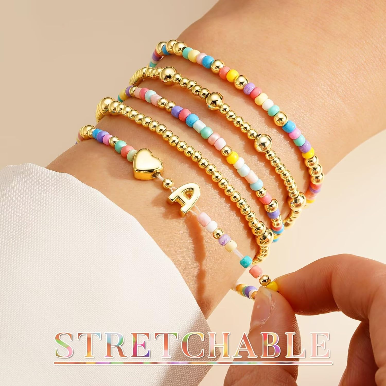 M MOOHAM Girls Bracelets Gifts - 5PCS Colorful Beaded Bracelets Cute Heart Initial Bracelet Stretch Stackable Bracelets Jewelry Set Birthday Gifts for Teen Girls Kids Her Women - Image 6
