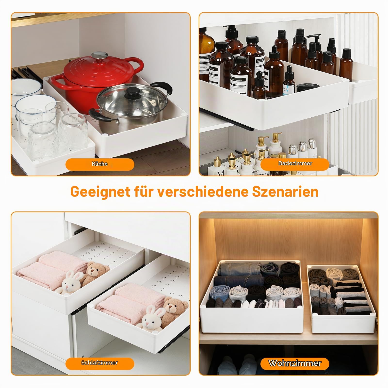 VINATO 4er Set Teleskopschublade, Ausziehbare Schublade für Küche mit 4 Größen, Ausziehbarer Schrankorganizer, Küchenschrank Organizer Ausziehbar mit Klebeband & Schrauben, für Küche, Vorratskammer