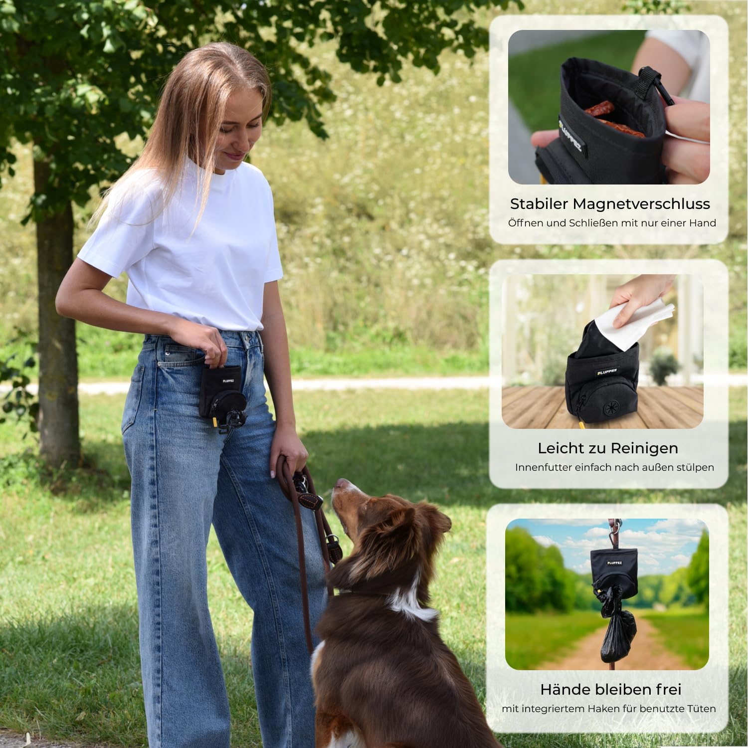 kleine Leckerlibeutel mit Kotbeutelspender – Magnetverschluss, Karabiner & Klett – kompakte Leckerlitasche für Hunde – Ideal für Hundetraining & Spaziergänge