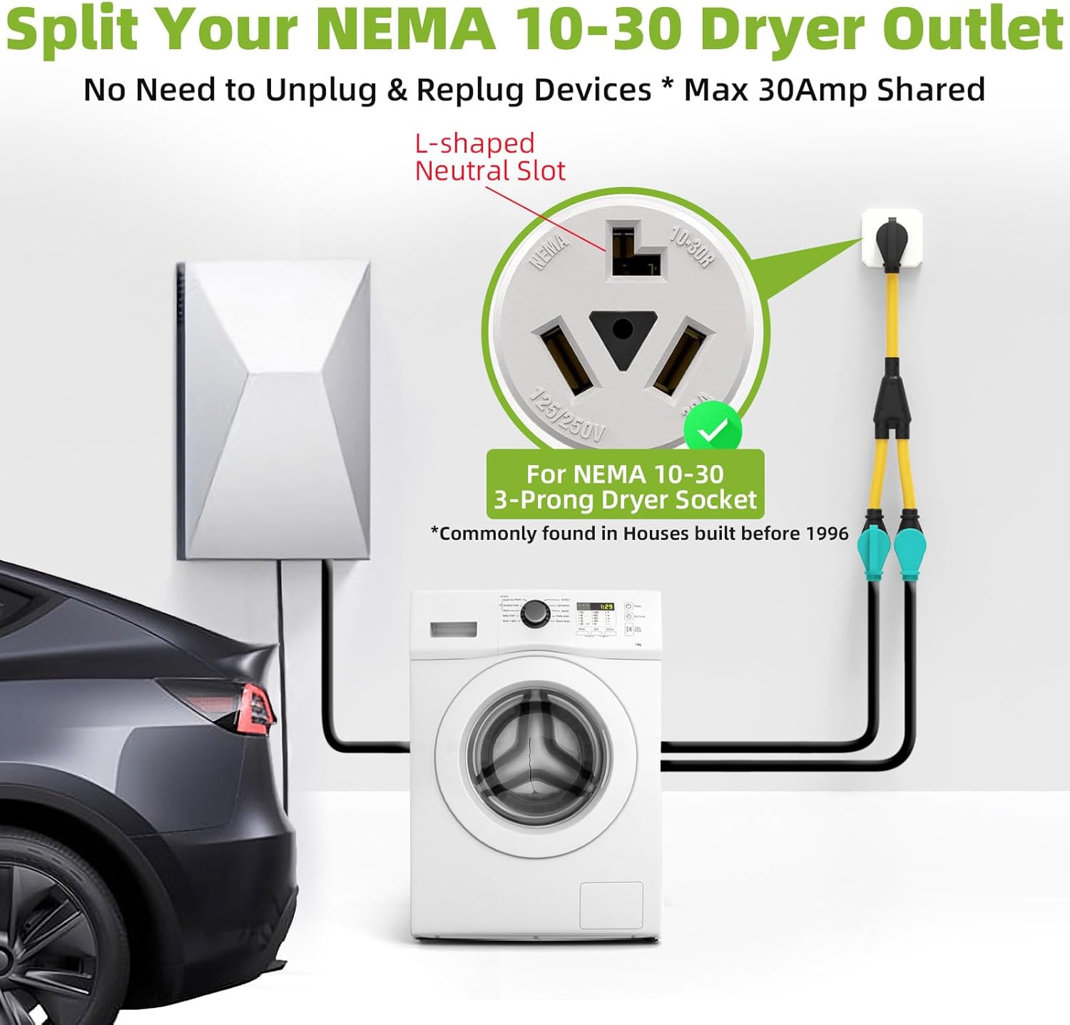 30 Amp Dryer Y Splitter Adapter to Welder, NEMA 10-30P to 6-50R/10-30R, 3 Prong 30Amp to 3 Prong 50Amp Extension Cord for Welder/EV Charging at Dryer Outlet, Heavy Duty STW 10 AWG, ETL Certified, 3FT