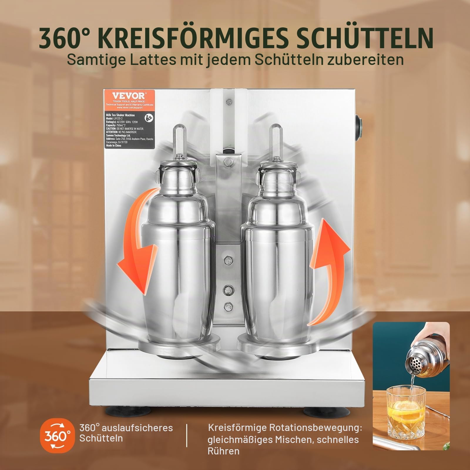 VEVOR Handlicher Milchshake-Mixer, elektrisches Milchtee-Gerät, 120 W, Mixer für Getränke, Doppelkopf, verstellbar 0-180 Sekunden, mit Edelstahlbecher 750 ml, für Milchtee-Shop, Bar, Café