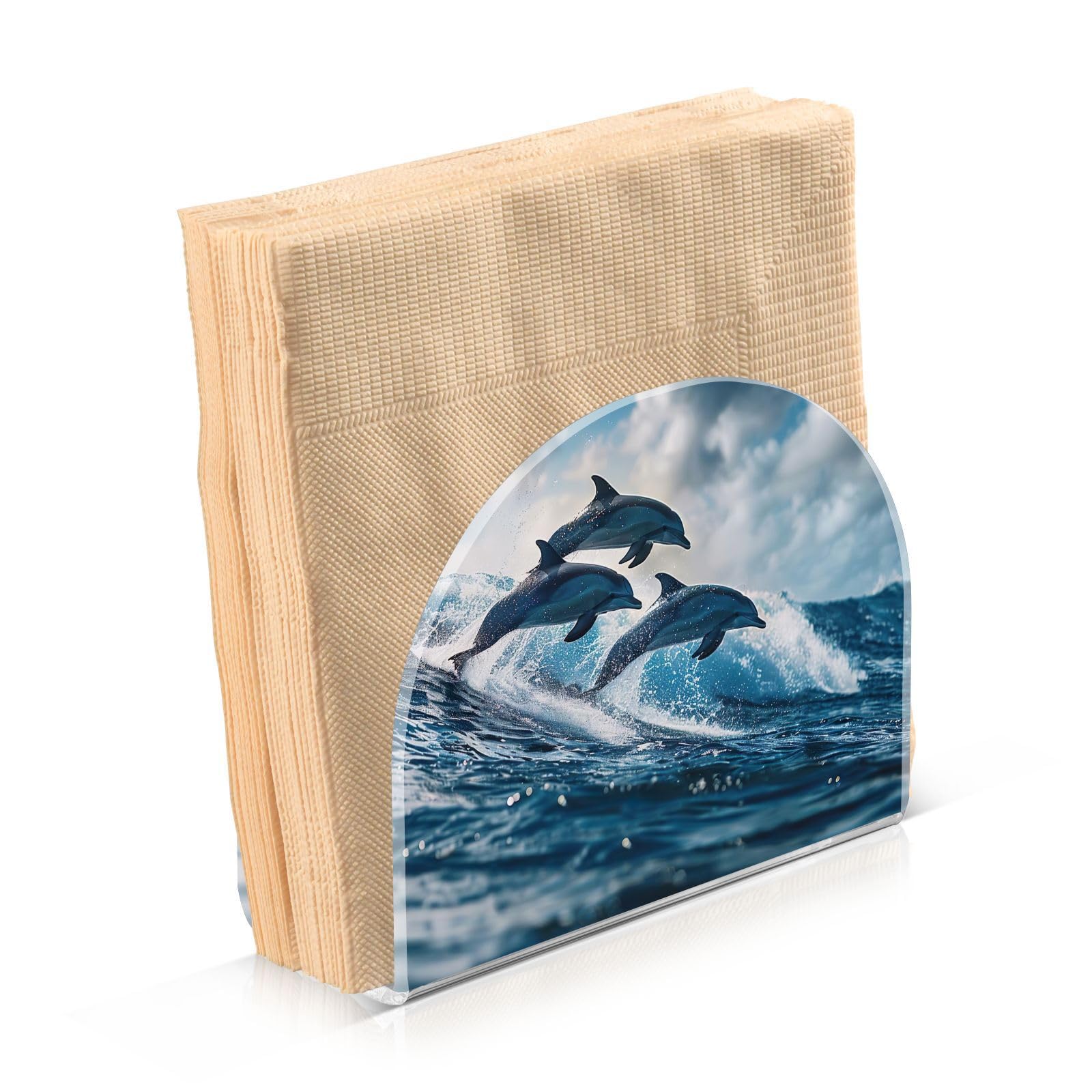 Takiito Dolphins Surfing Napkin Holder for Paper Napkins, Acrylic Upright Holder for Table, Tissue Dispenser for Farmhouse Kitchen Home Decor