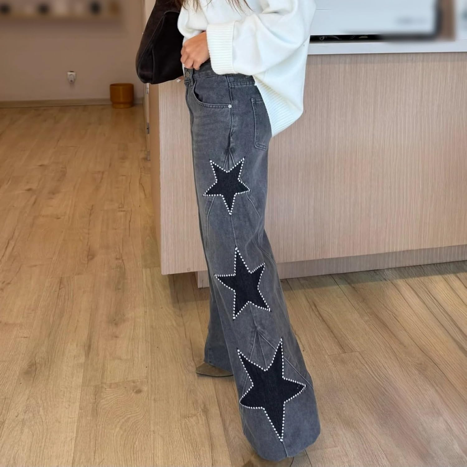 Women's Street Style Fashion Patchwork Button-Up Loose Fit Straight Leg Denim Pants