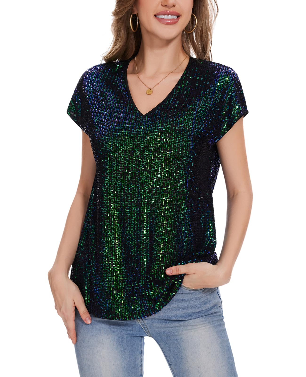 Blusa de lentejuelas brillantes para mujer, manga casquillo, cuello en V, blusa tipo túnica con lentejuelas con purpurina, holgada, casual, fiesta