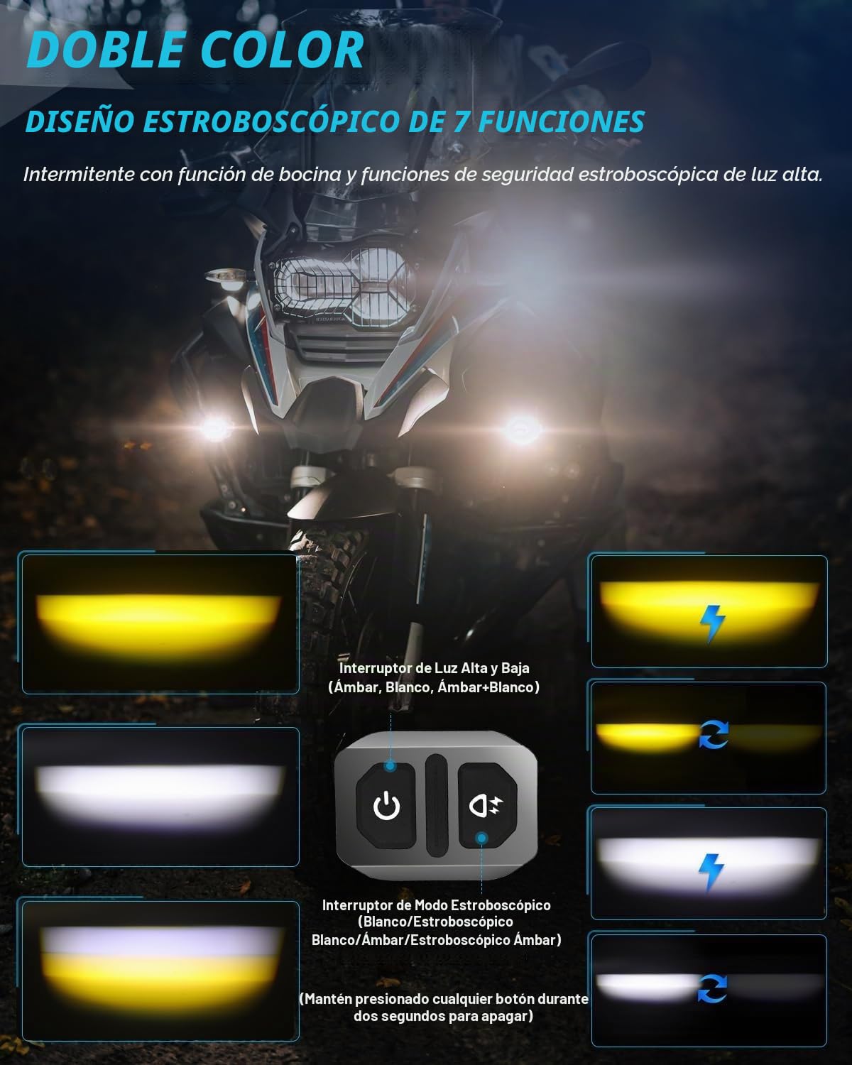 CO LIGHT Paquete de 2 faros antiniebla LED para motocicleta, 60 W, ámbar/amarillo, blanco, dos tonos, luces auxiliares de trabajo todoterreno con arnés de cableado, compatible con motocicleta, coche