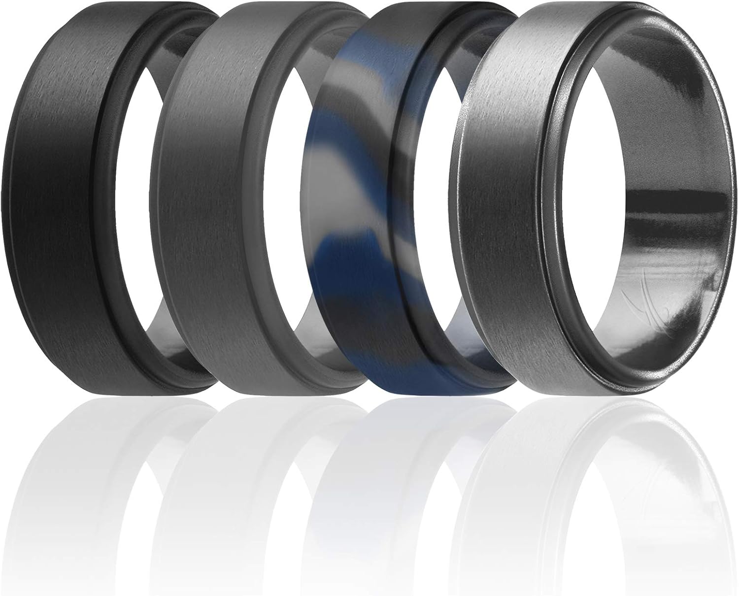 ROQ Silicone Rubber Wedding Ring for Men, Comfort Fit, Men's Wedding Band, Breathable Rubber Engagement Band, 8mm Wide 2mm Thick, Step Edge, 4 Pack, Black, Gray, Black Blue Camo, Dark Silver, Size 15