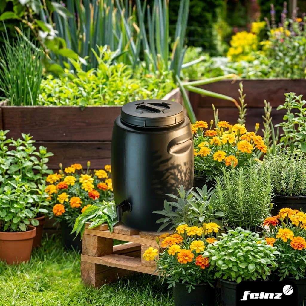 Compostiera a barile - Barile a bocca larga per fertilizzante liquido - Barile con coperchio per fermentazione naturale di liquame - 55L in plastica con ventilazione