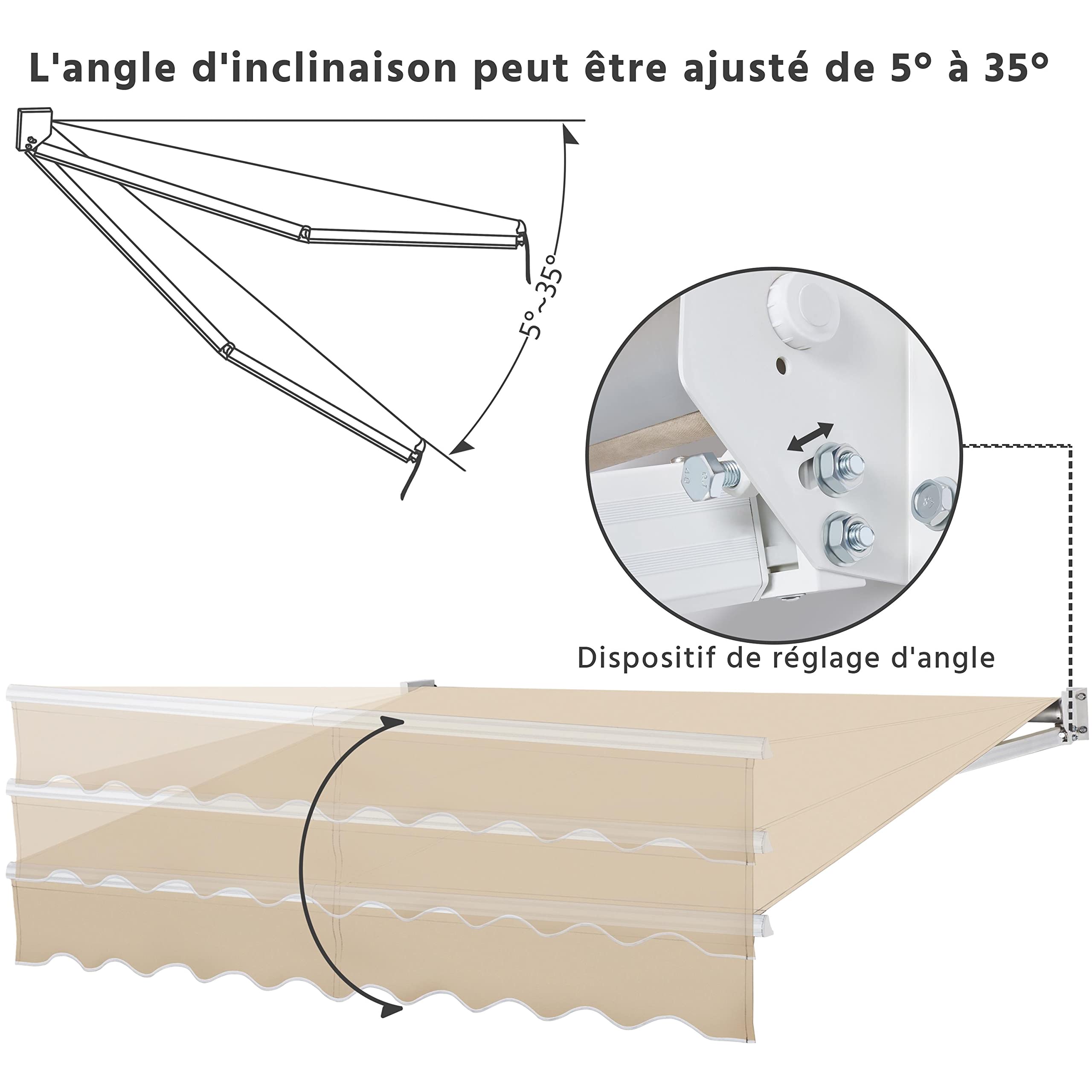 Abician Auvent Rétractable de Contrôle Manuel, Store Banne de Balcon pour Terrasse, Patio, Café, Porche, Restaurant 250 x 200 cm