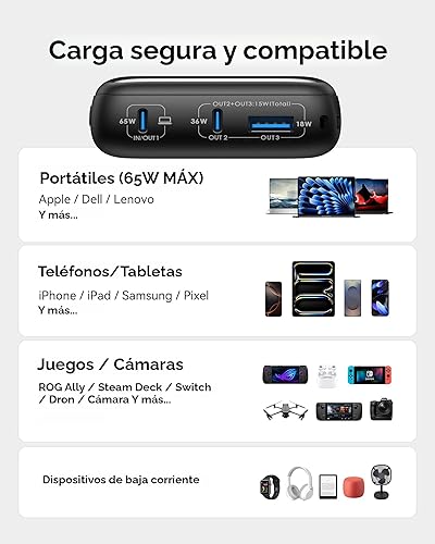 Miniatura 7 de INIU Banco de energía, 20000 mAh, 65 W, ultra compacto, USB C, cargador portátil, PD QC, carga rápida, 3 salidas, batería externa para portátil,