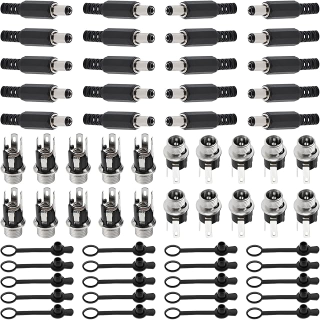 HSEAMALL 20 Pack 5.5mm x 2.5mm, 5.5mm x 2.1mm Male DC Power Plug Solder Power Jack Adapter, Female DC Panel Socket Mount Adapter Solder+ 20 Pack Rubber Protector Caps for Audio/Video/Phone/CCTV