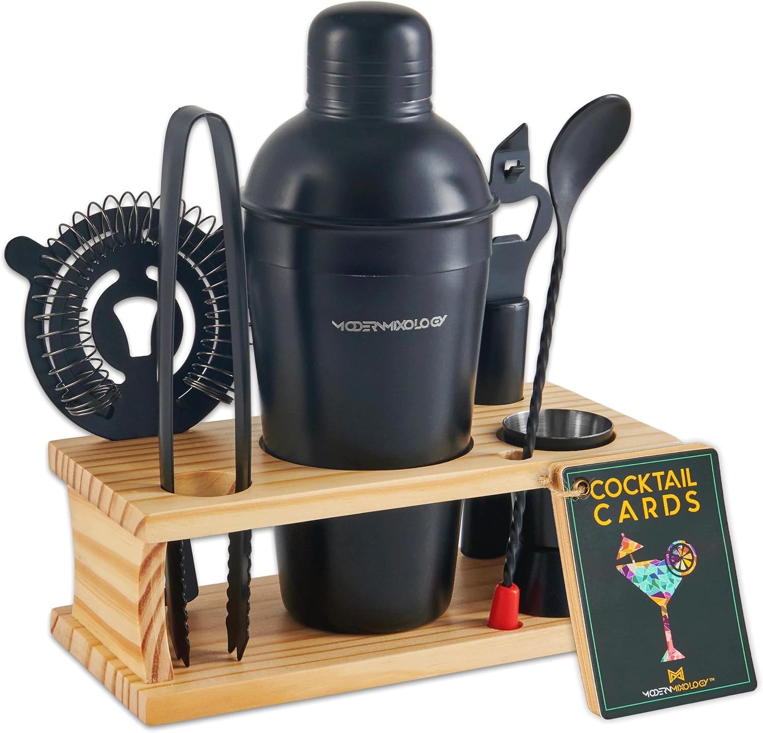 Juego de cóctel de 8 piezas: coctelera de acero inoxidable, vaso medidor, colador, cuchara para mezclar, pinzas, abrebotellas, soporte de madera y tarjetas de recetas para fiestas y días festivos