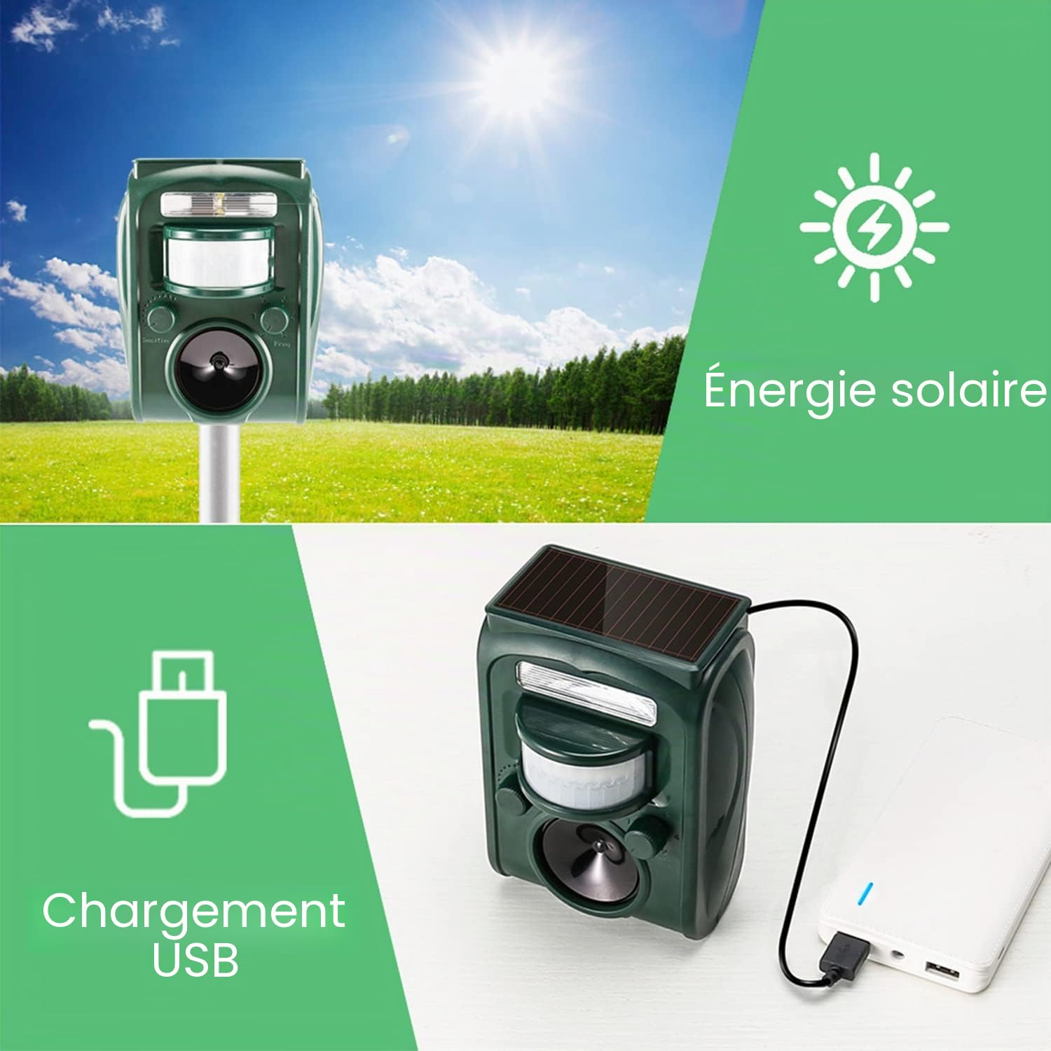 Livoni Répulsif à ultrasons pour chats et renards, répulsif solaire fonctionnant sur batterie pour animaux, répulsif pour chats, imperméable pour jardin, avec piquet au sol
