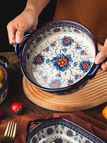 Miniatura 3 de Bicuzat Cacerola de cerámica para hornear con diseño de flores azules y naranjas con asas para horno, cocinacocina, 1 unidad, 32 onzas