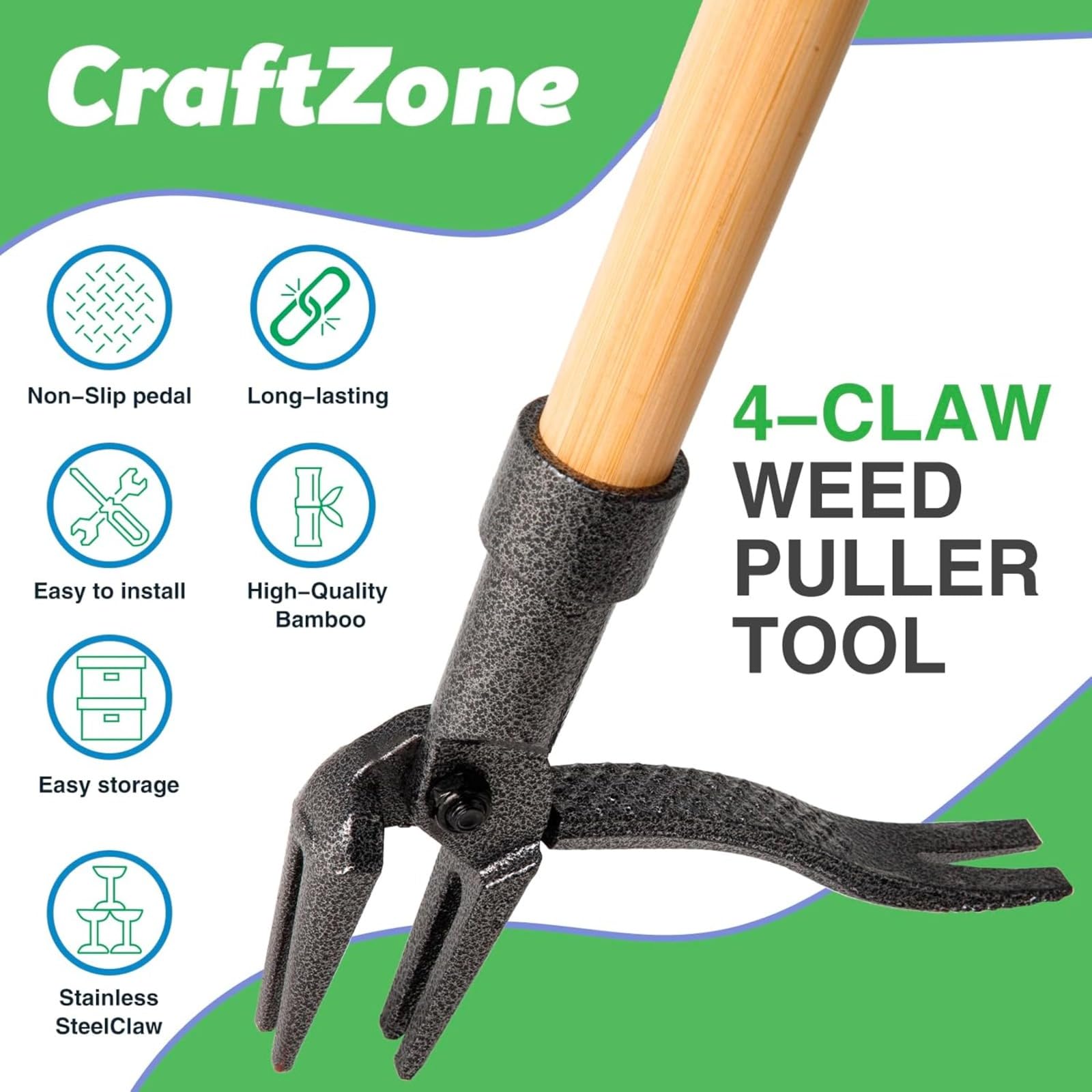 Utensile per rimuovere erbacce con 4 artigli, per rimuovere le radici, per tarassaco, manico lungo, per prato, giardino e cortile