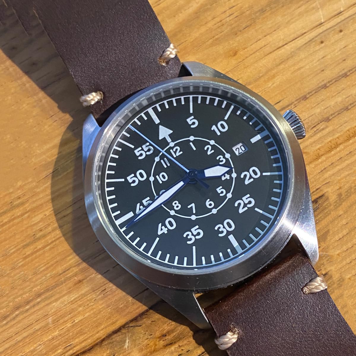 Boyarca Reloj de piloto para Hombre, Reloj de Pulsera de Aviador, Relojes mecánicos automáticos, Caja de Acero Inoxidable y Correa de Cuero Genuino, Flieger Timepieces.