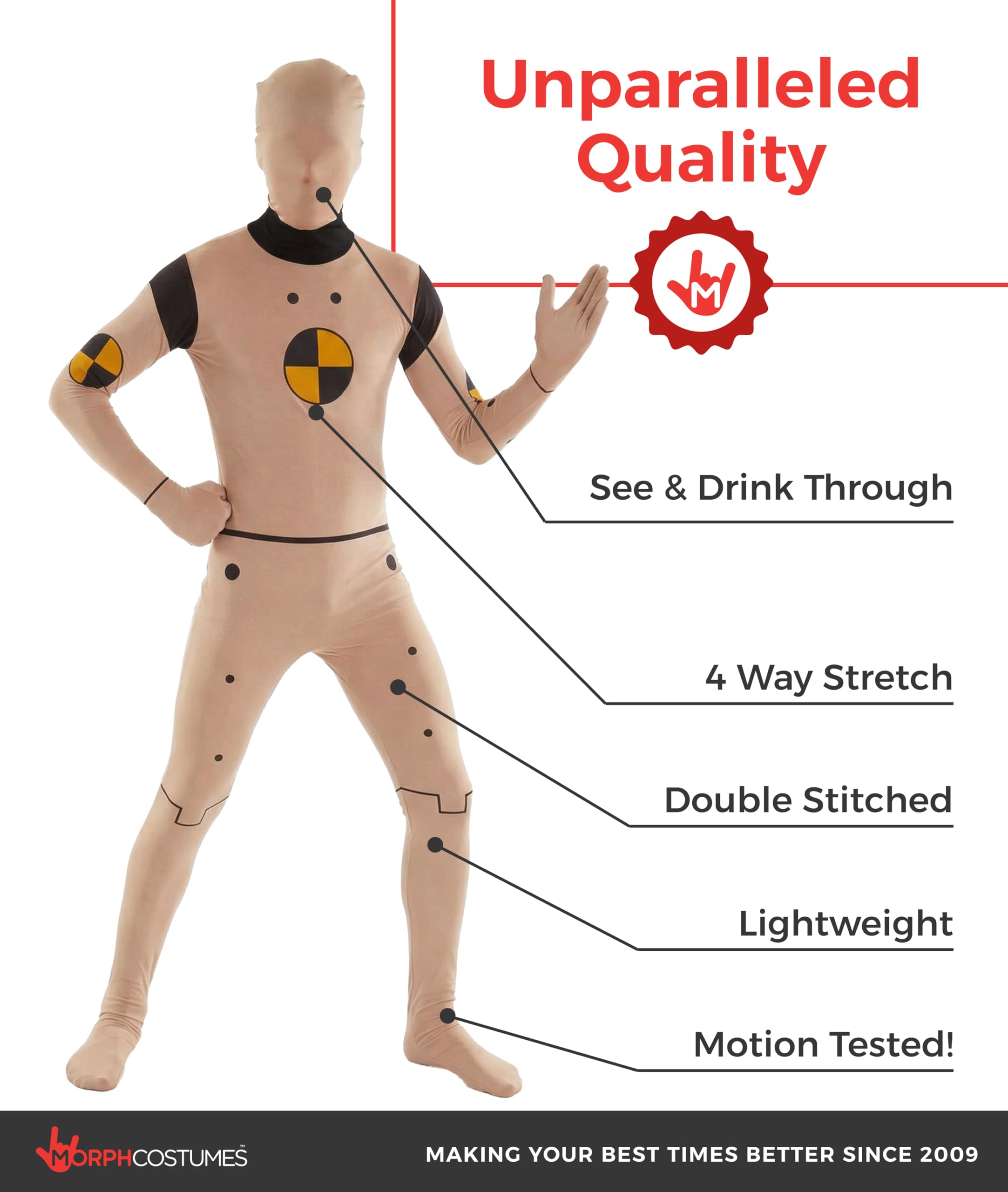 Morphsuits Costume Manichino Crash Test Bambino, Tuta Halloween Bambino | Tuta Integrale con Cappuccio, Dettagli Stile Fumetto Gialli, Perfetto per Halloween, Ideale per il Gioco di Ruolo