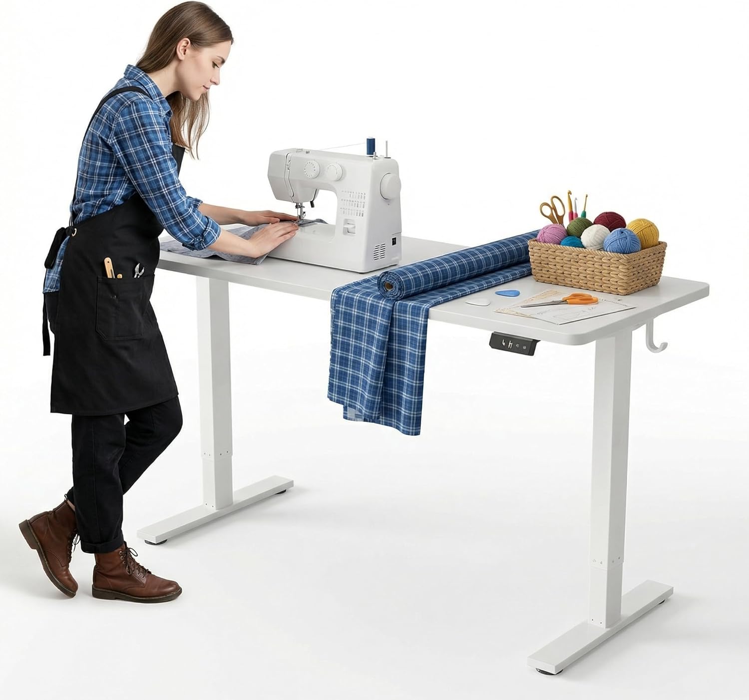 TIQLAB Electric Adjustable Sewing Table, 63"x24" Workbench Adjustable Height, Ergonomic Worktable for Garage, Craft Desk, Spacious Desk for Sewing and Crafts, White
