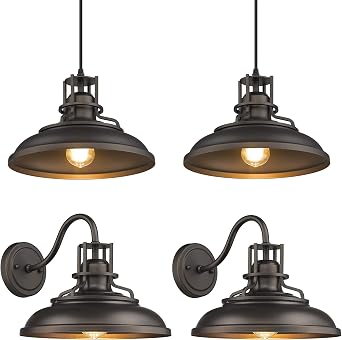 FEMILA Industrial Pendant Lights Fixture, Farmhouse Hanging Lights and Vintage Wall Sconces, Gooseneck Barn Lights Oil Rubbed Bronze Finish
